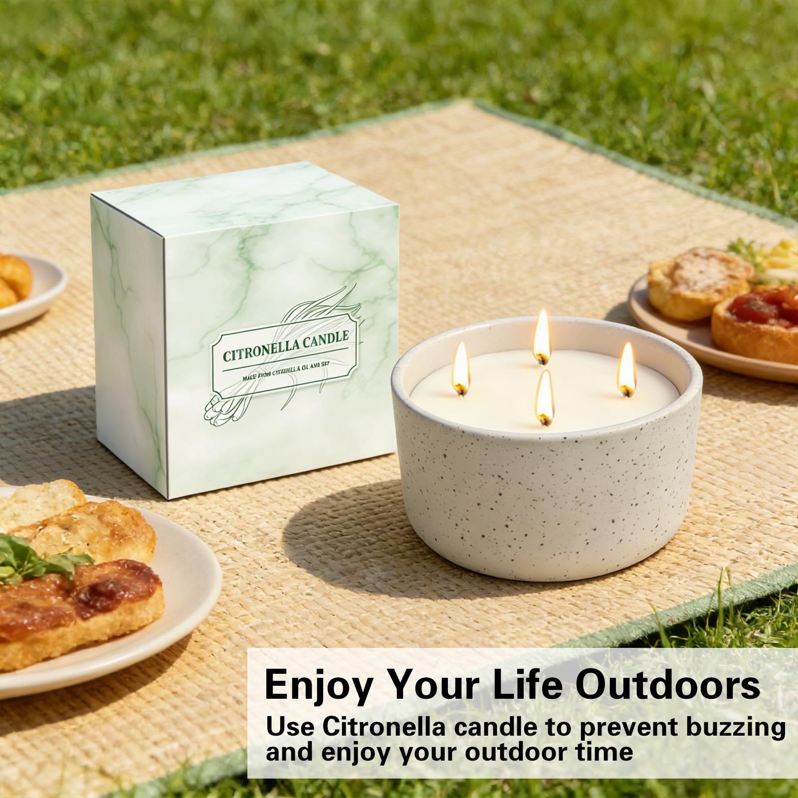 Jayhanvoe candle enhances patio dining with subtle citronella aroma.