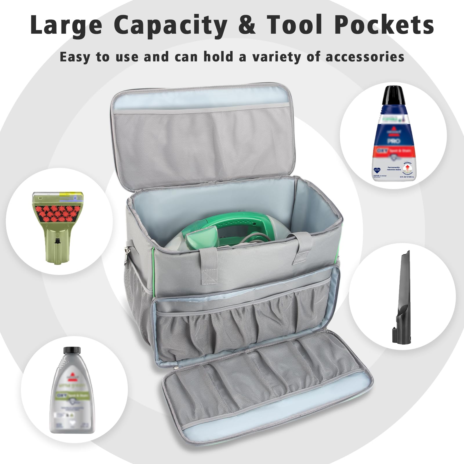 JAYOBGO carry bag for Bissell Little Green 1400B front pocket keeps towels and tools within easy reach.