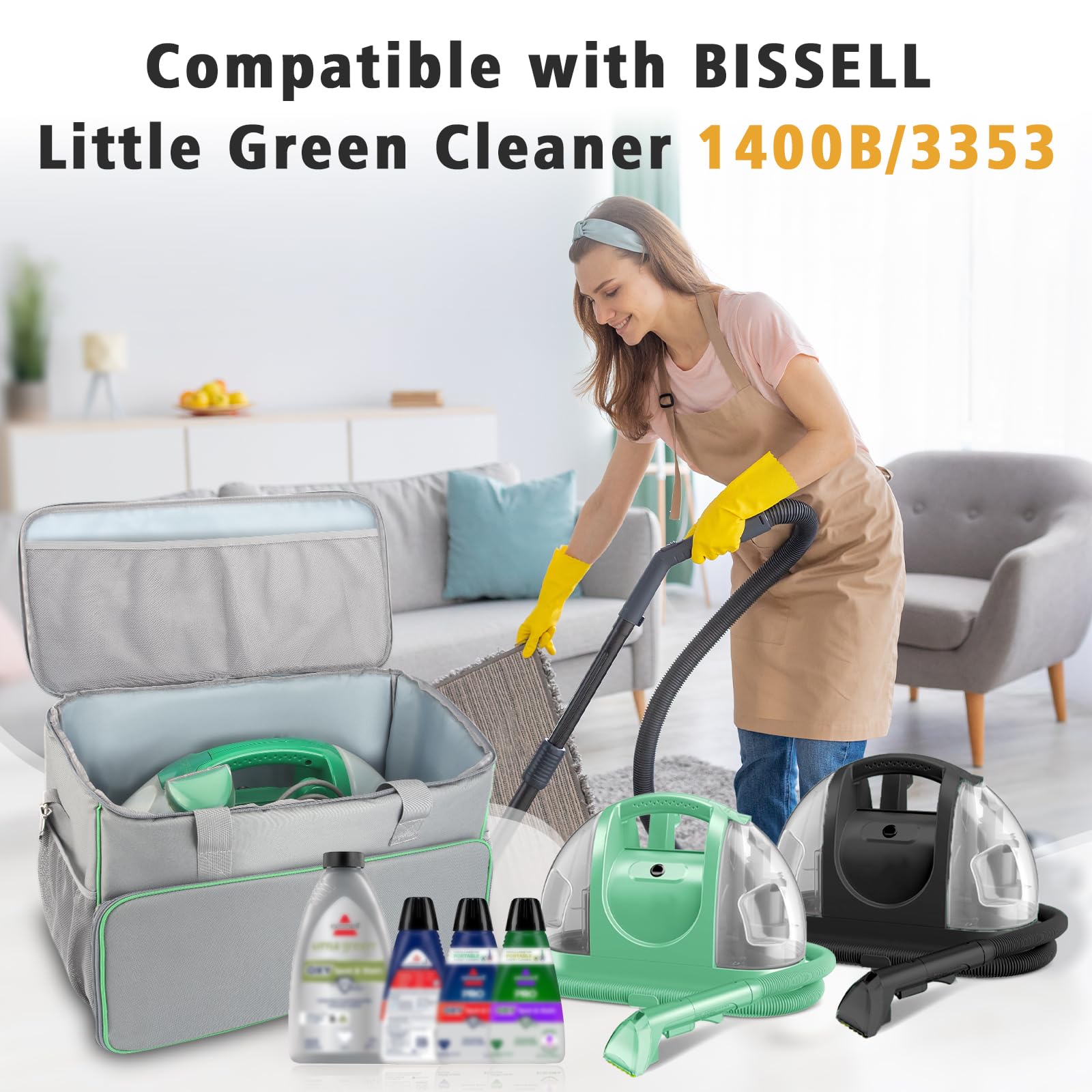 JAYOBGO carry bag for Bissell Little Green 1400B mesh pockets top organize accessories and cleaners.