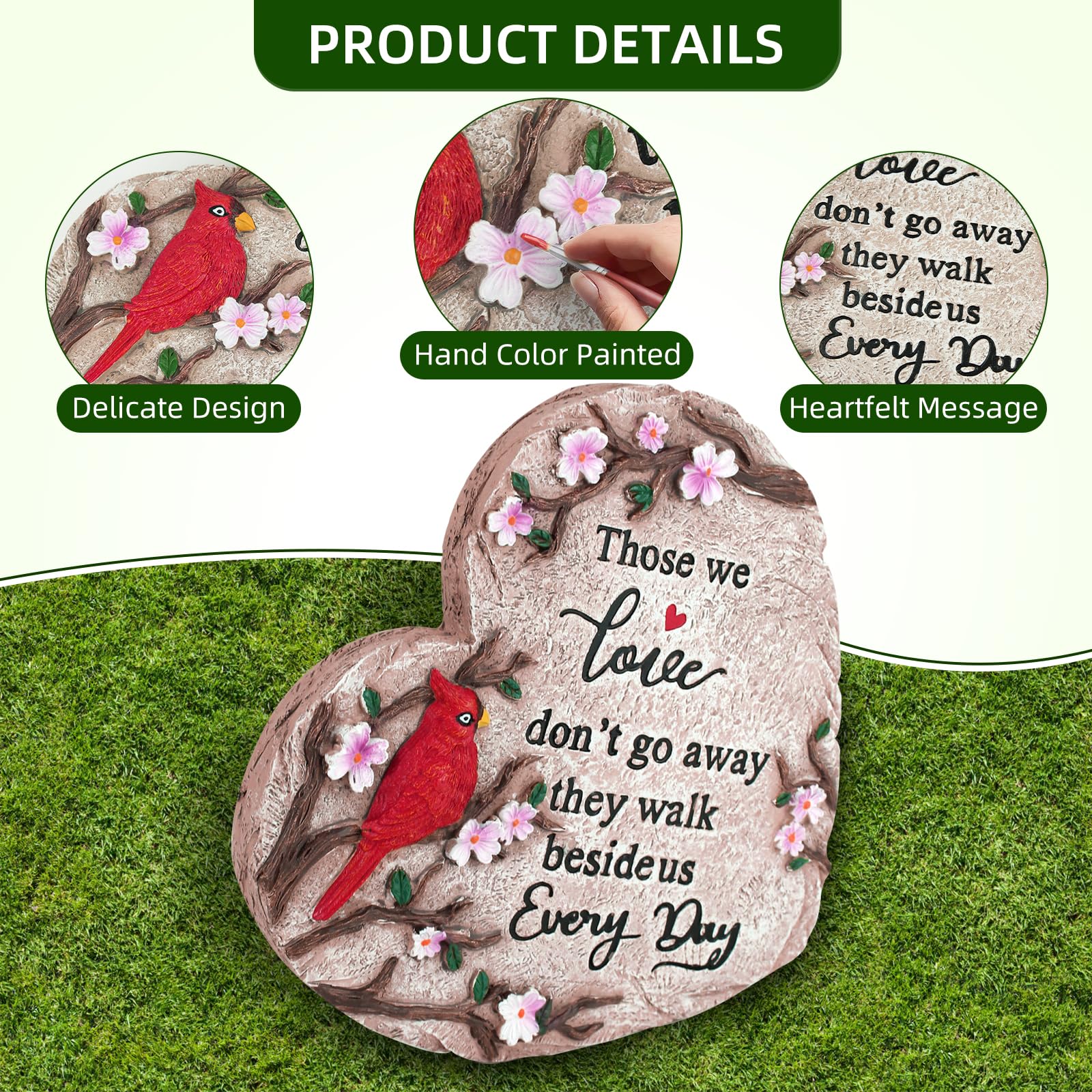 Jazcimdo memorial stone with red cardinal and floral accents for heartfelt remembrance.