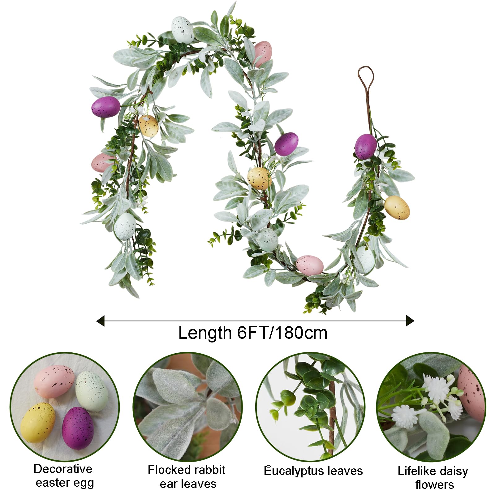 jbcgv Easter garland mantel display with pastel eggs and lamb ears