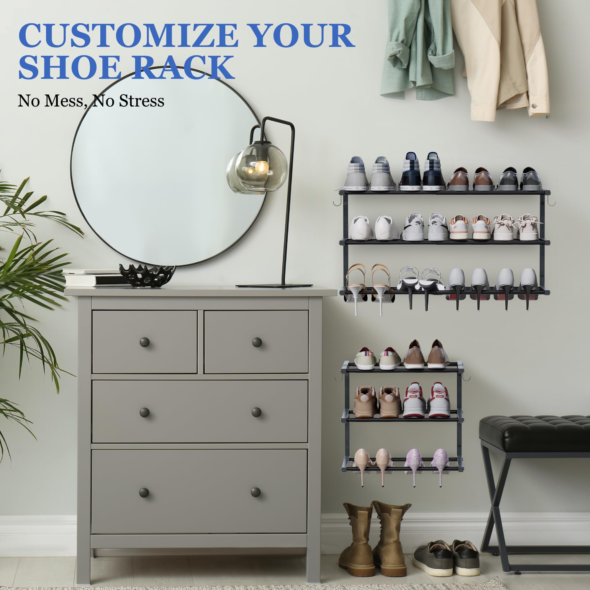 Jchccu three-tier metal-frame shoe rack improves closet organization and durability.