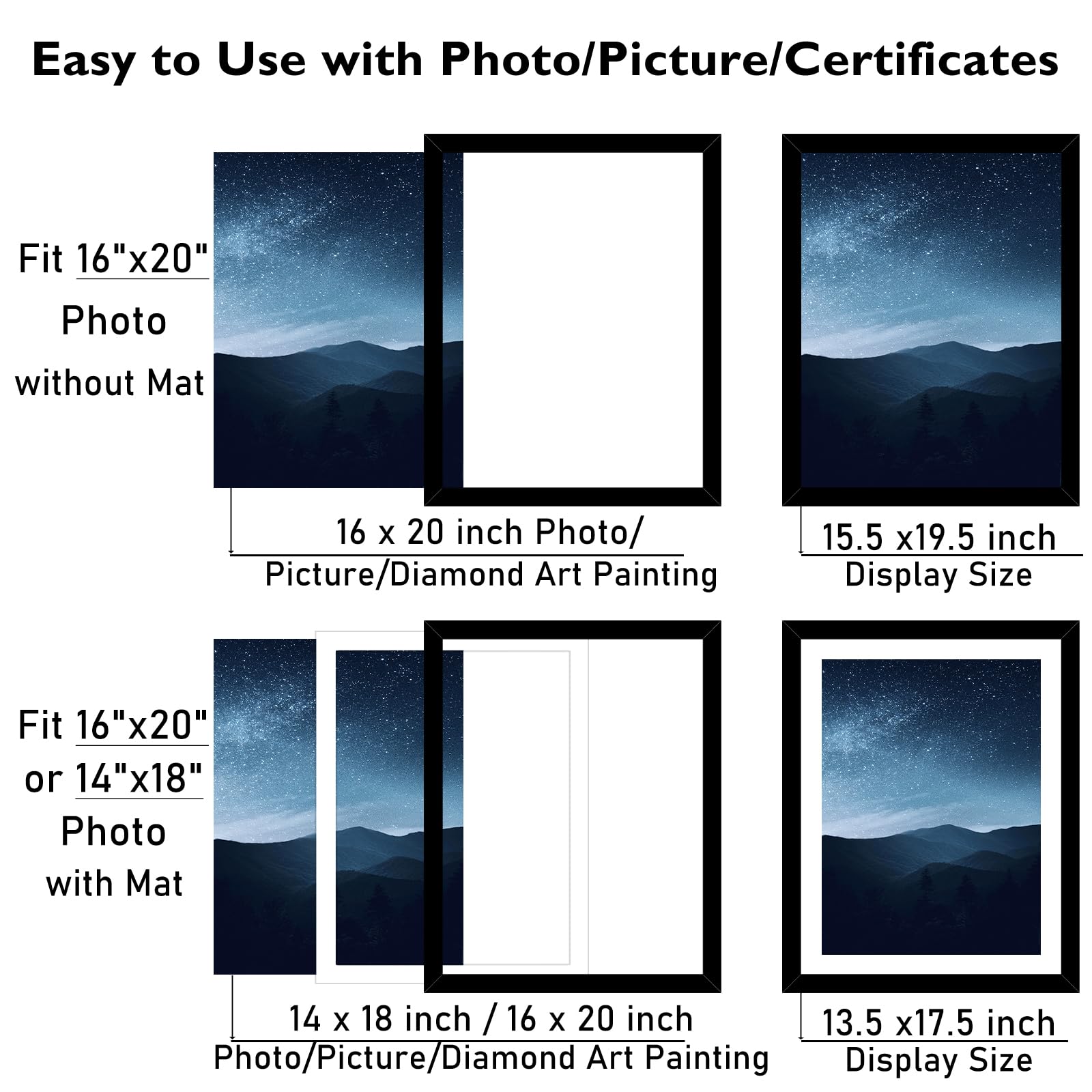JCJMY black 16x20 frame with 14x18 mat suitable for photos