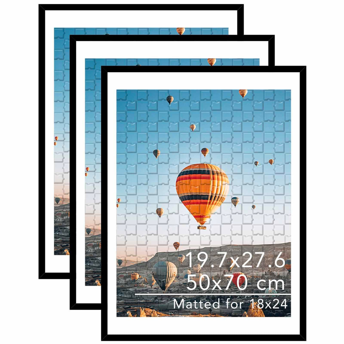 JCJMY black puzzle frame front view showing 50x70 cm compatibility and clear display