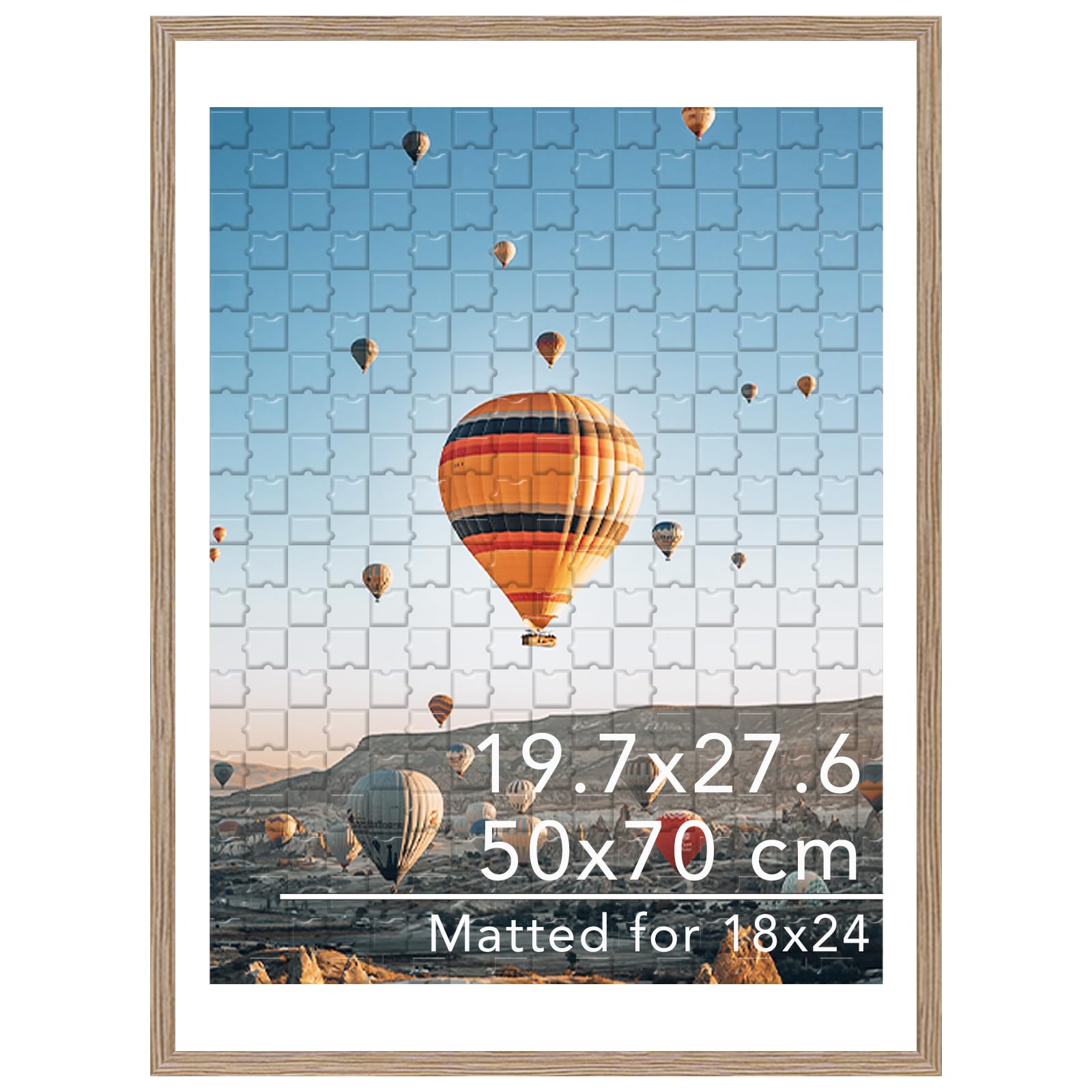JCJMY puzzle frame front view in rustic brown showing 19.7x27.6 size for 50x70 cm displays.