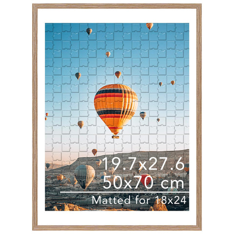 JCJMY puzzle frame front view in rustic brown showing 19.7x27.6 size for 50x70 cm displays.