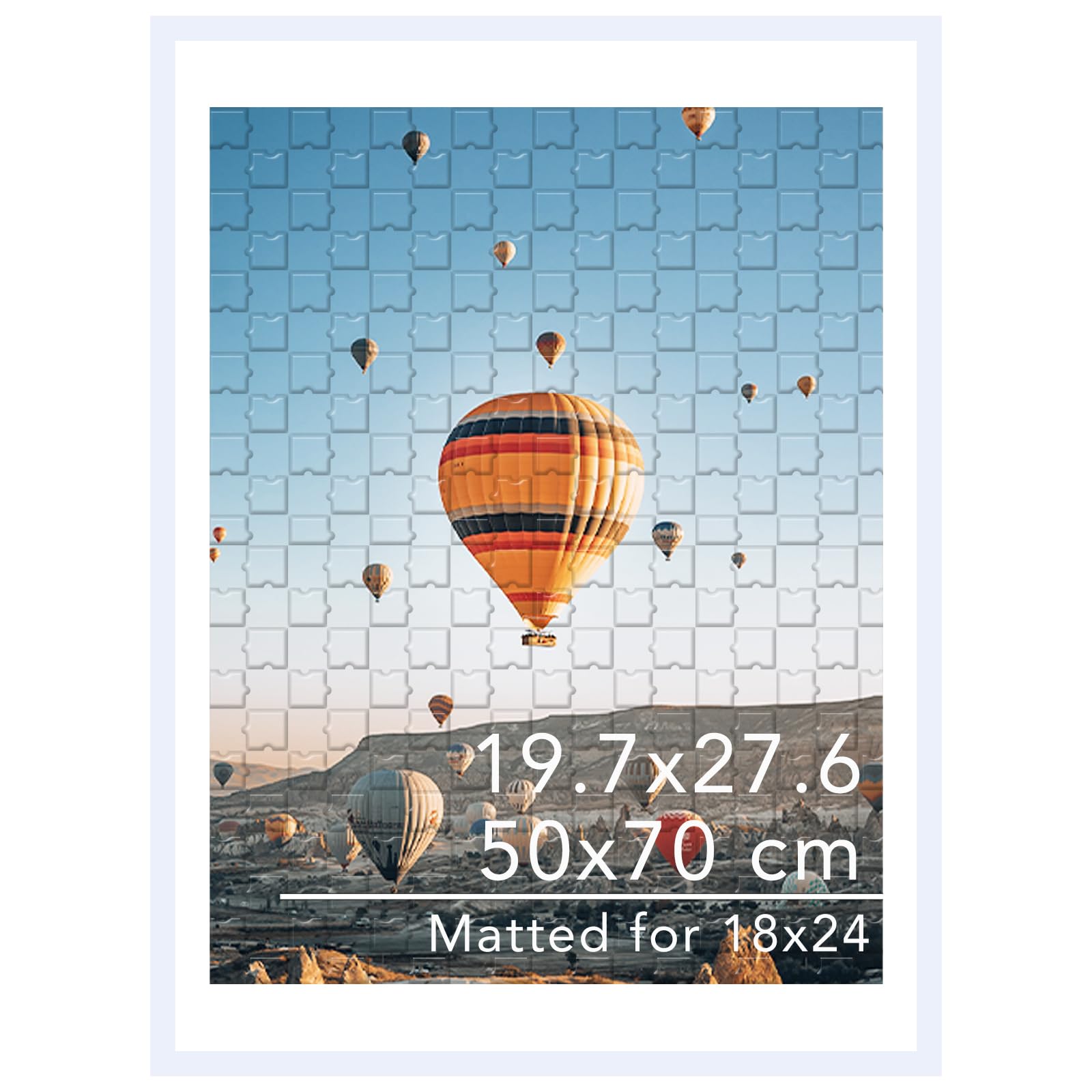 JCJMY puzzle frame front view showing 50x70 cm poster with white border.
