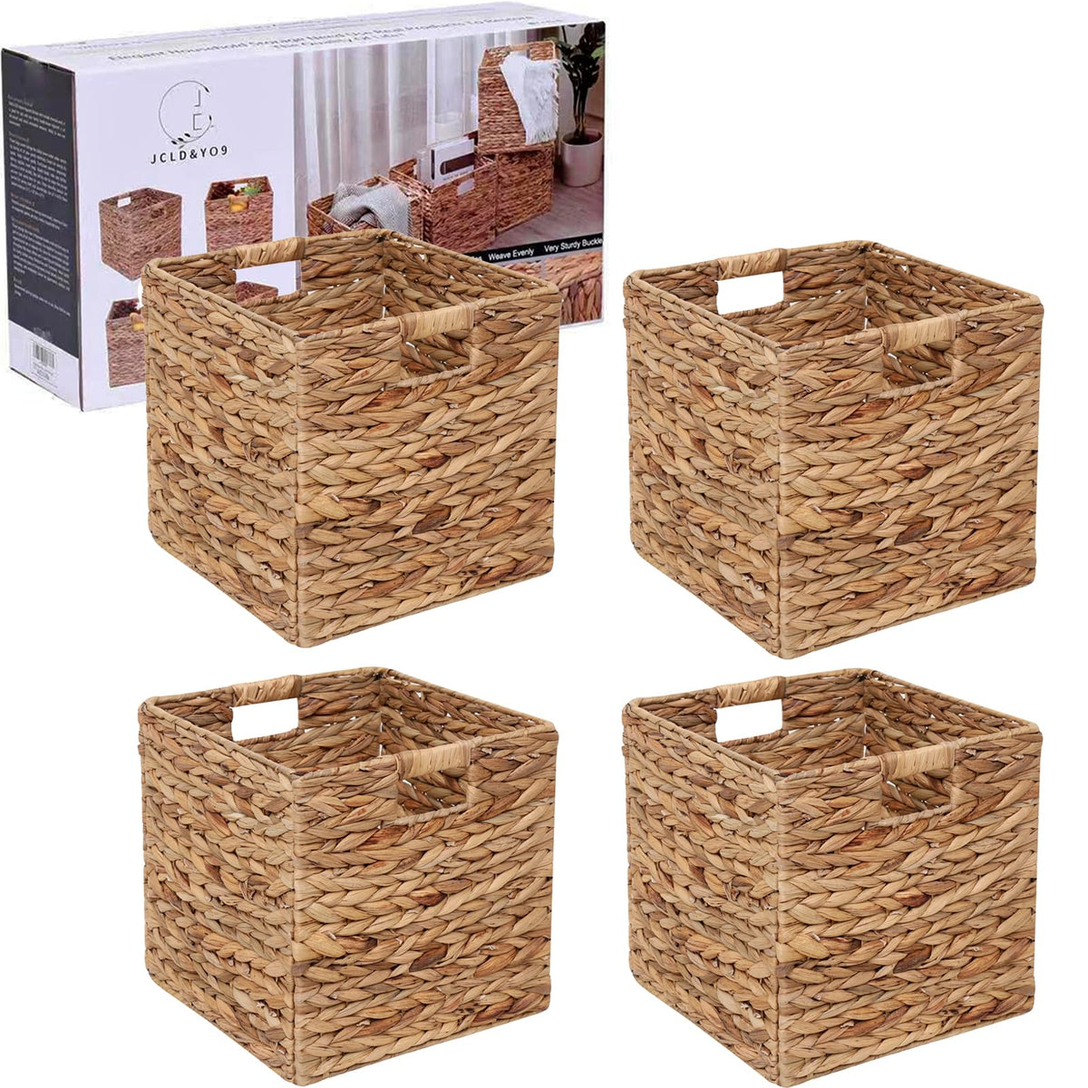 JCLD&YO9 water hyacinth basket on a shelf for tidy closet organization