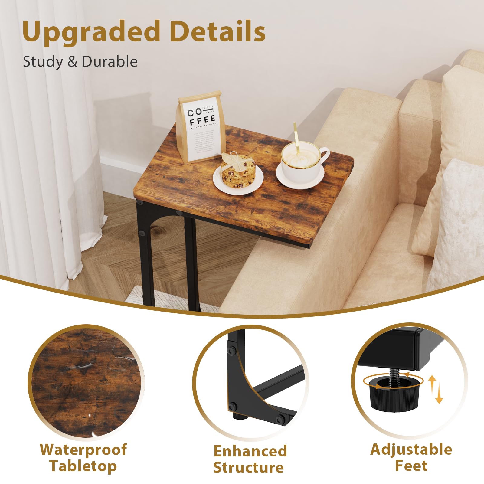 JCMCDO Narrow C-Shaped End Table beside the bed as a compact nightstand