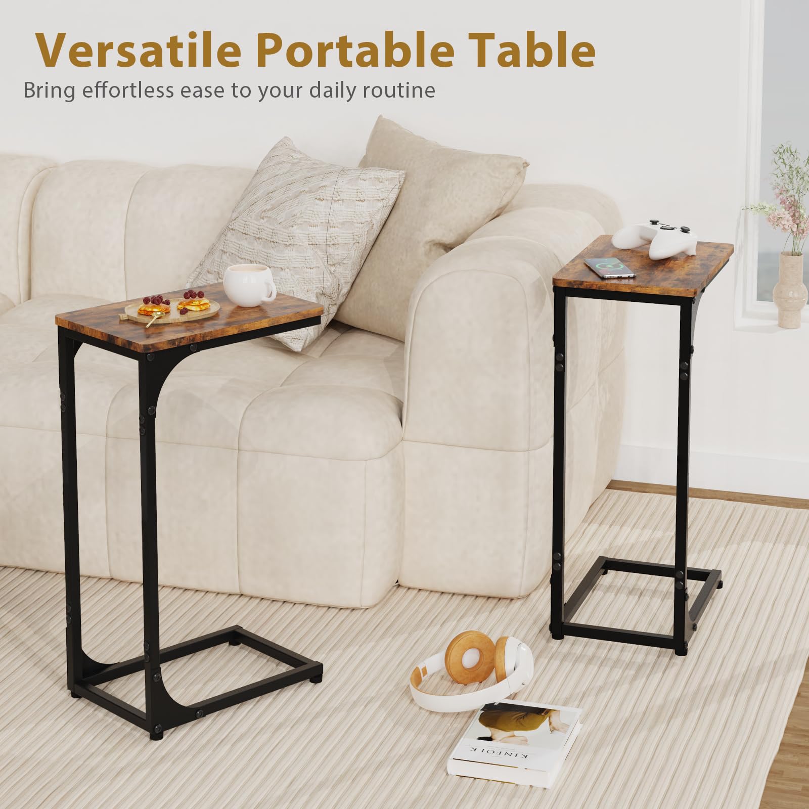JCMCDO Narrow C-Shaped End Table placed under a couch for easy reach