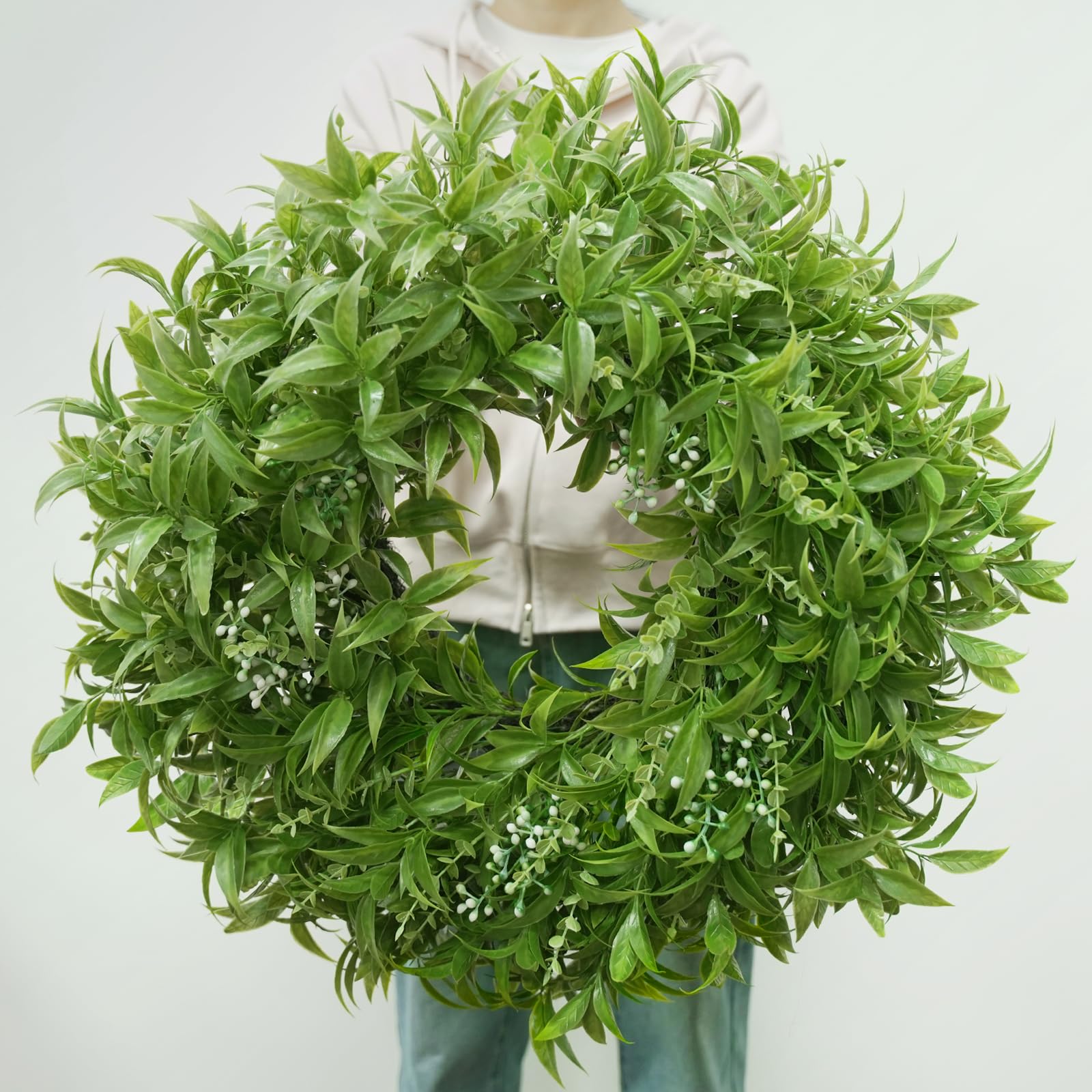 JDKPK 26-inch boxwoods wreath on front door for welcoming curb appeal.