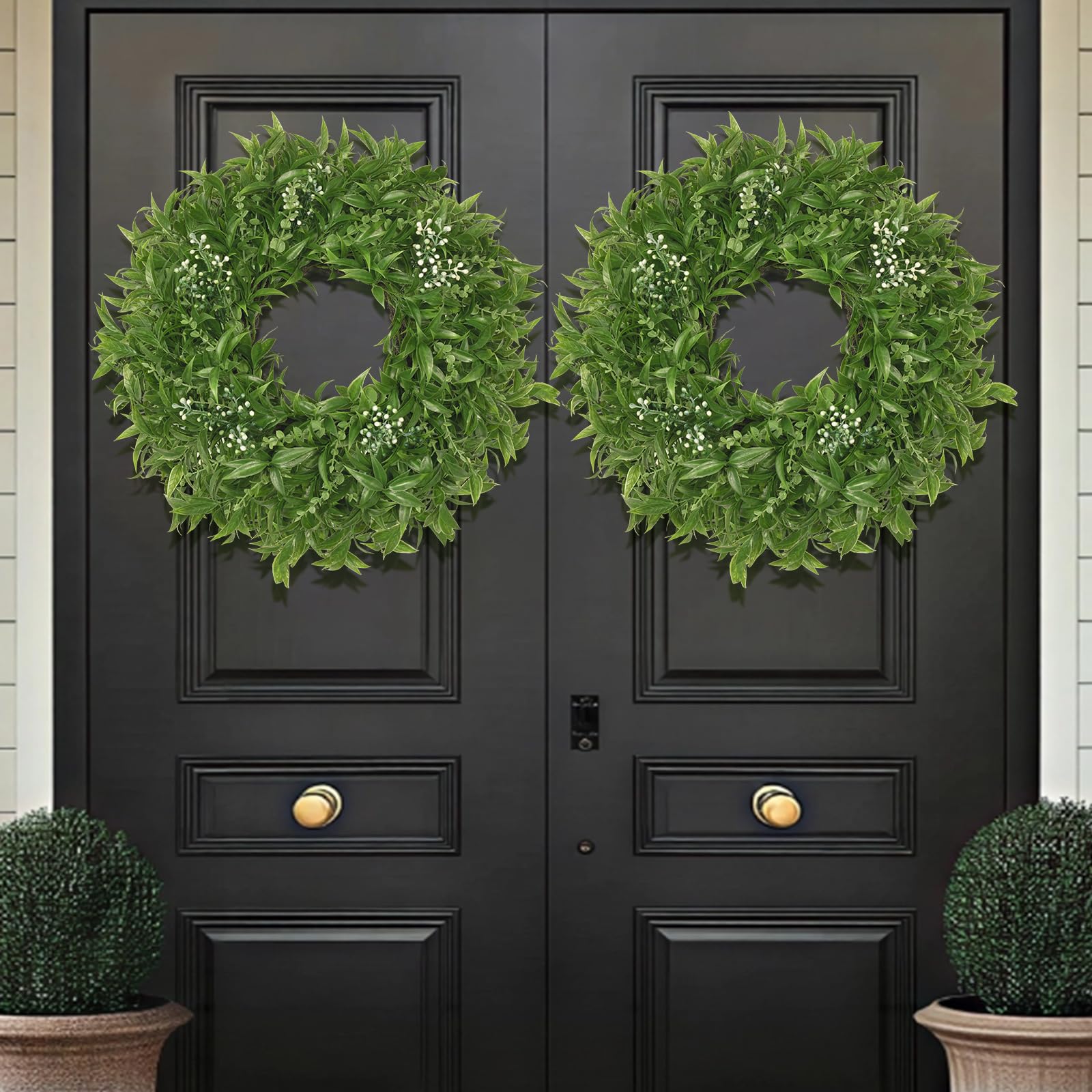 JDKPK artificial eucalyptus wreath shows indoor-outdoor versatility for porch or entry.