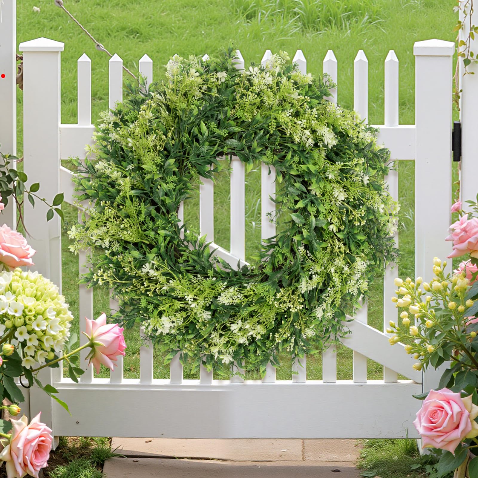 JDKPK farmhouse-style wreath complements rustic interiors and porches.