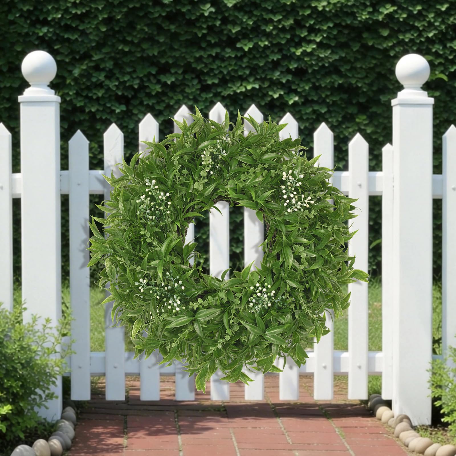 JDKPK spring wreath with white and green berries adds texture.