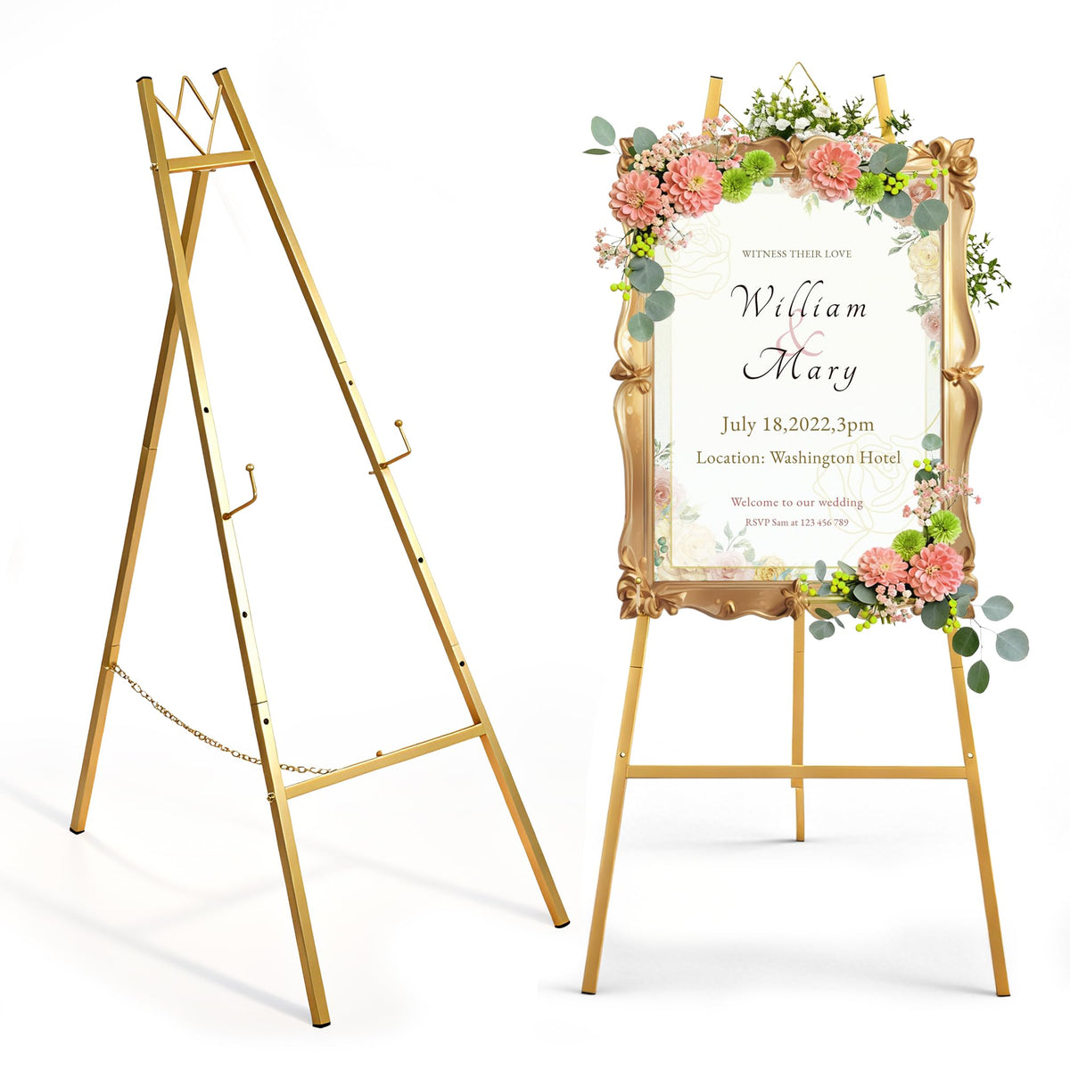 Jdooqee gold easel sign stand set up for weddings and events with stable support
