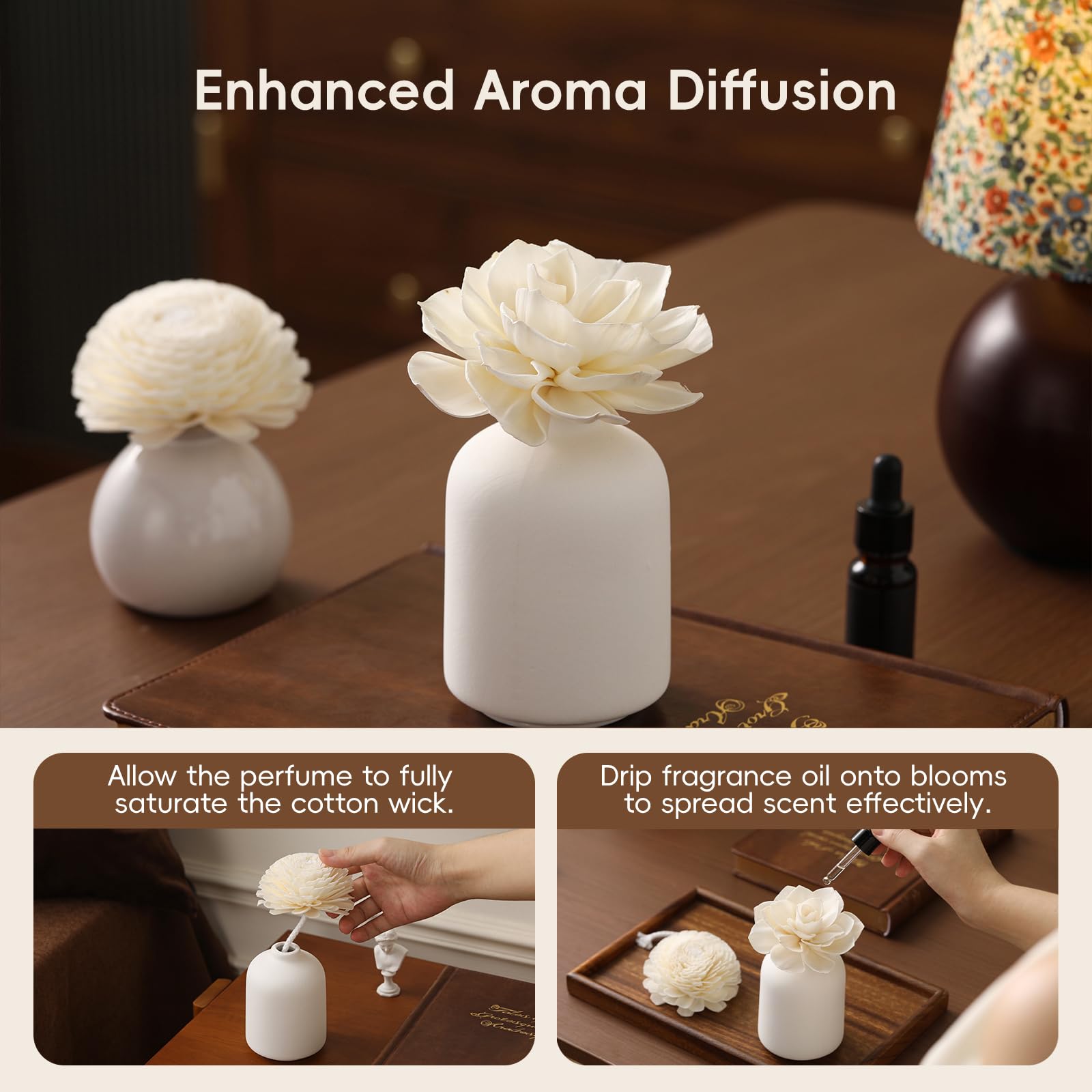 Packaging box with a variety of sola wood flowers and accessories.