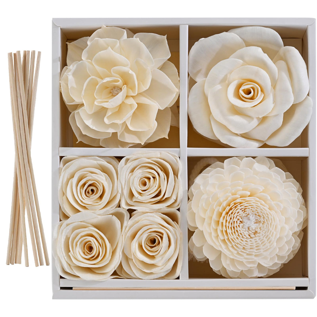 Jear pean flower reed diffuser set with white flowers creating a calm room ambiance.