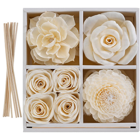 Jear pean flower reed diffuser set with white flowers creating a calm room ambiance.