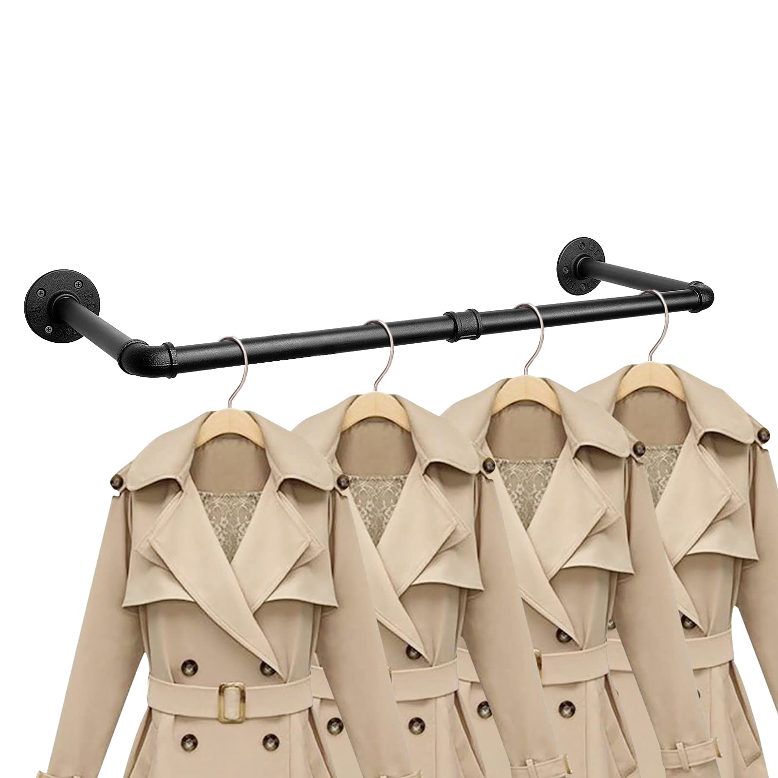 Jeasor industrial iron pipe clothes bar wall mount in black, for organized wardrobe storage.