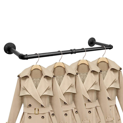 Jeasor industrial iron pipe clothes bar wall mount in black, for organized wardrobe storage.