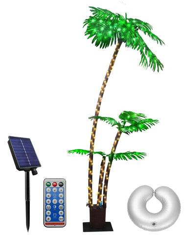 JEAYYDSI solar lighted palm tree with three trunks and 22 leaves creates a tropical patio focal point.