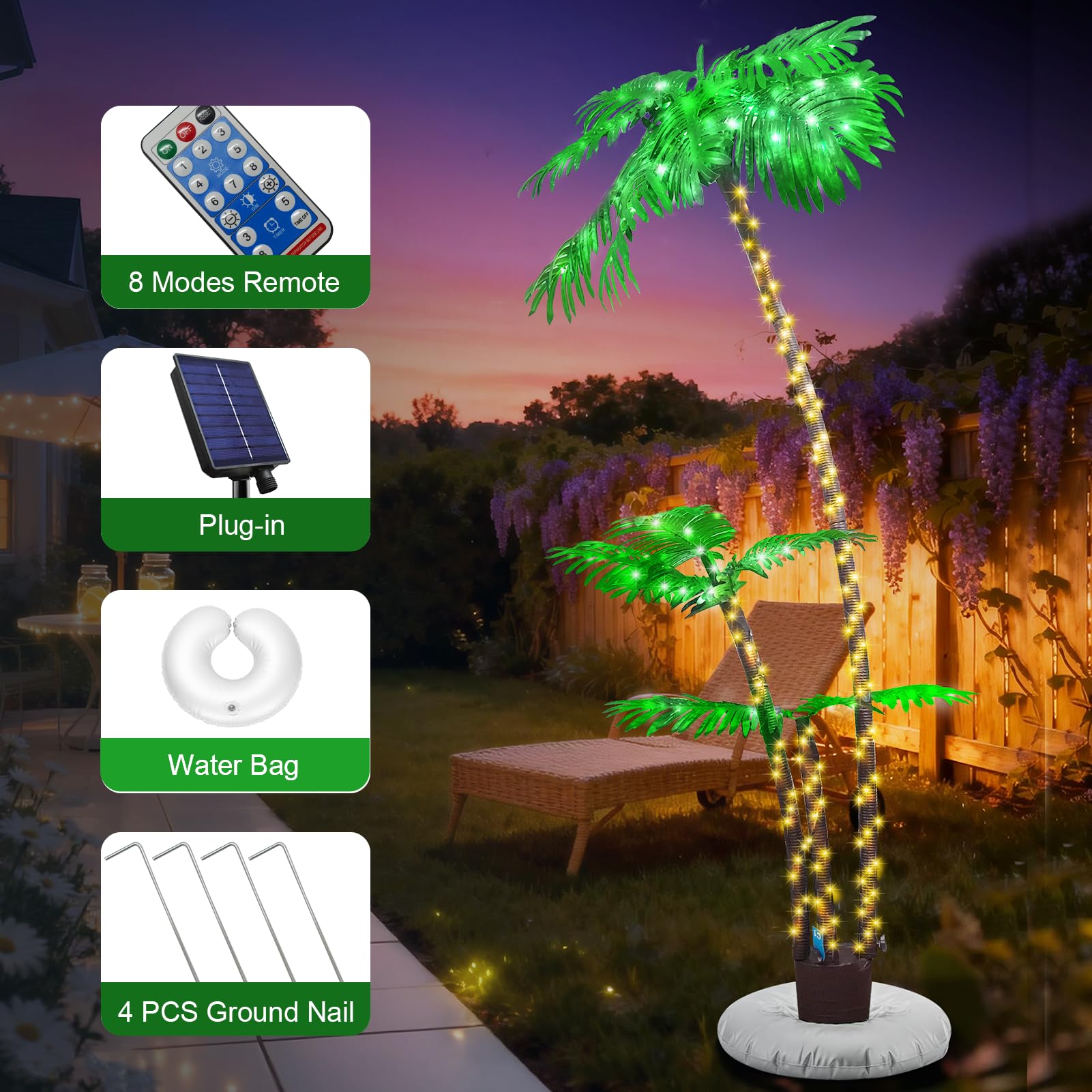 Day and night ambiance from JEAYYDSI palm tree enhances poolside or lounge areas.