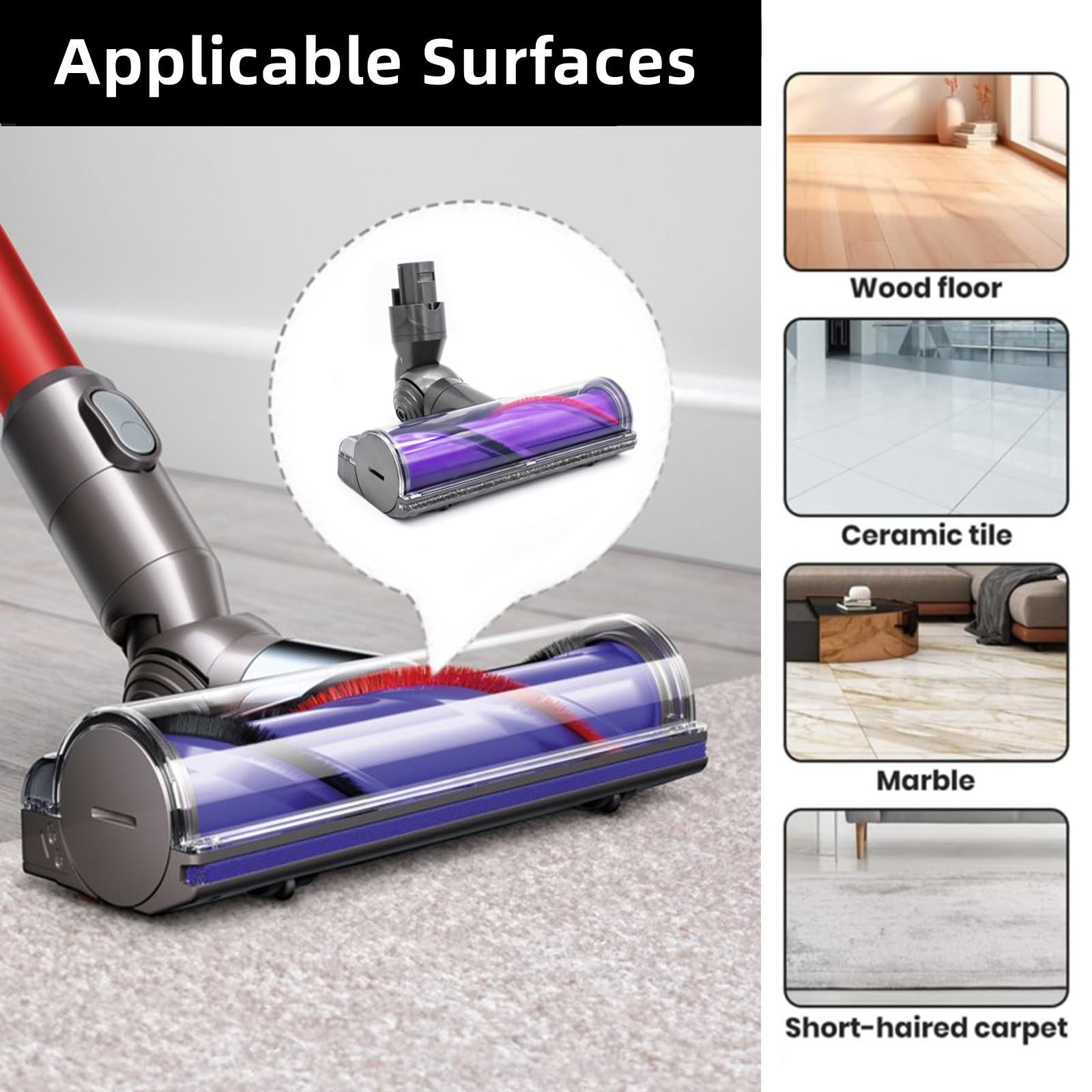 Head design allows 180-degree rotation to reach under furniture.