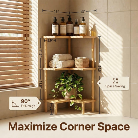 JEDULAR angled corner shelf fits snugly in bathroom corners.