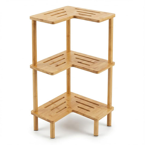 JEDULAR bamboo corner shower caddy stand with 3 tiers for organized bathroom storage.