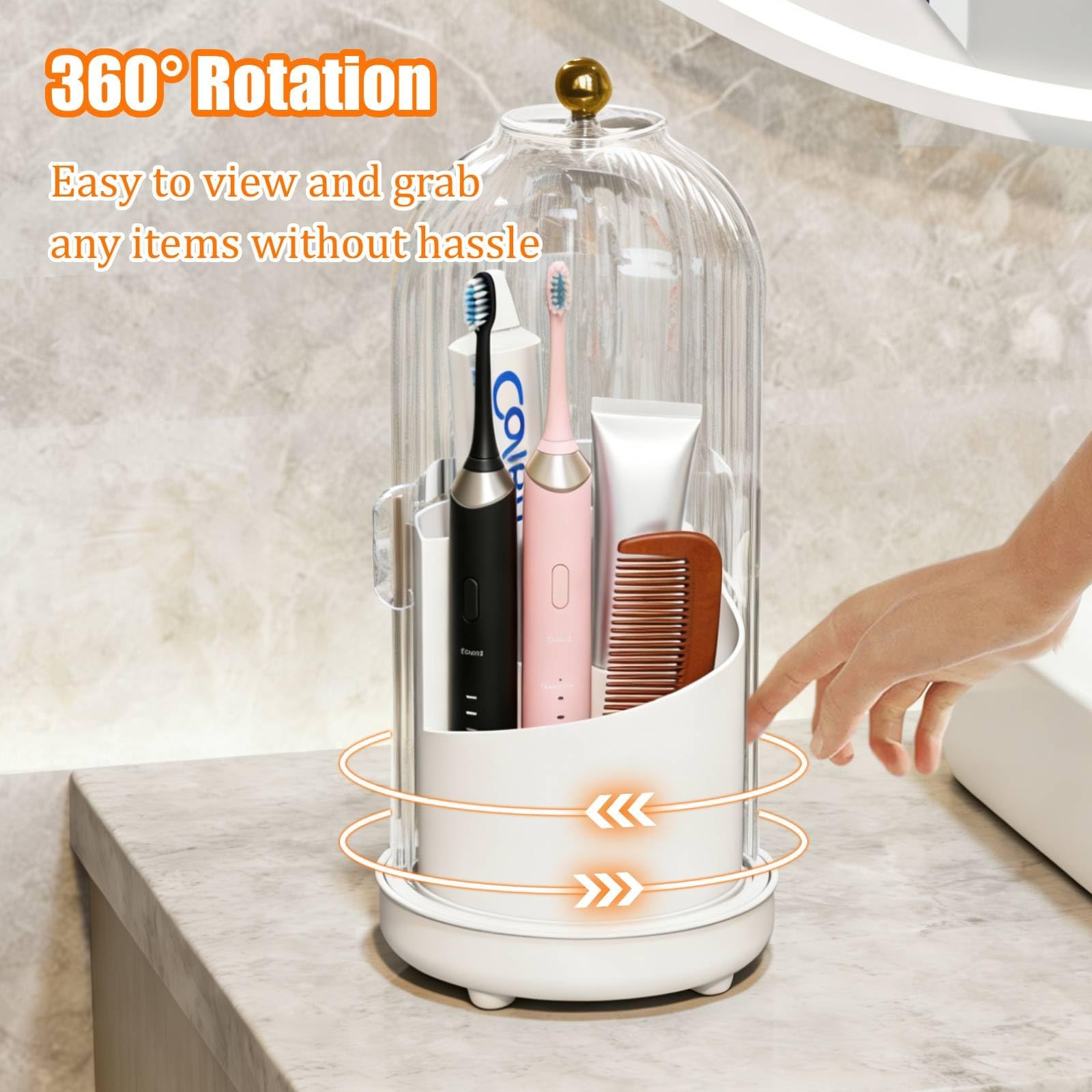 JEESA toothbrush holder shows 360 degree rotation for easy access