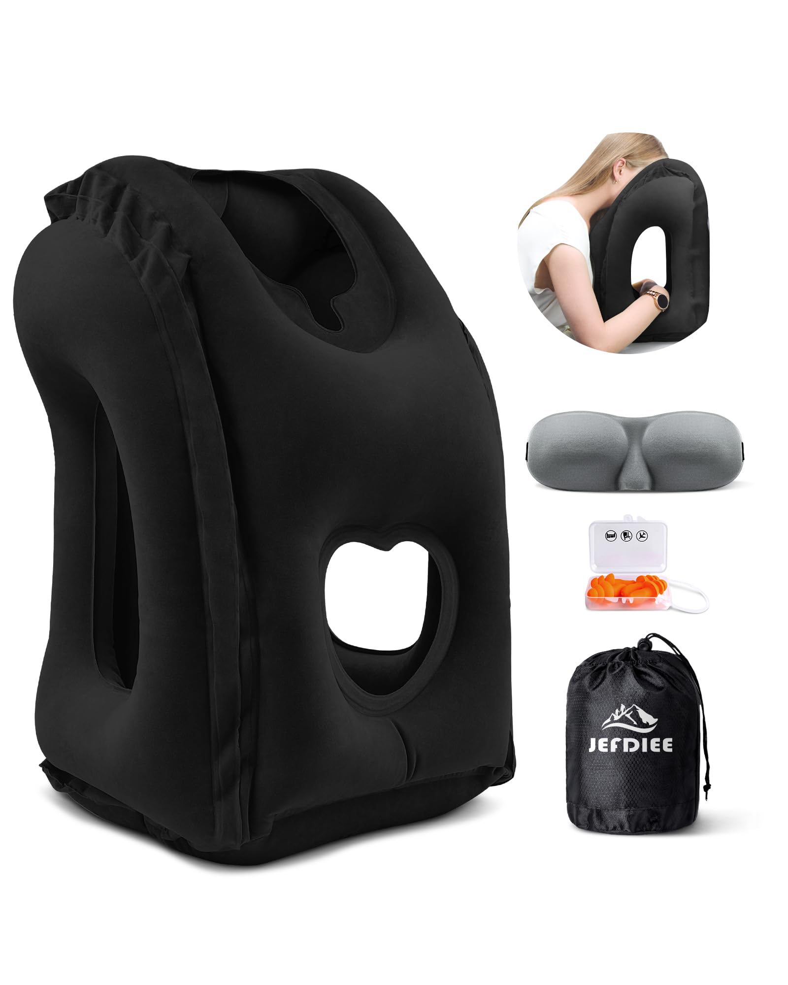 JefDiee inflatable travel pillow with ergonomic 45-degree neck support