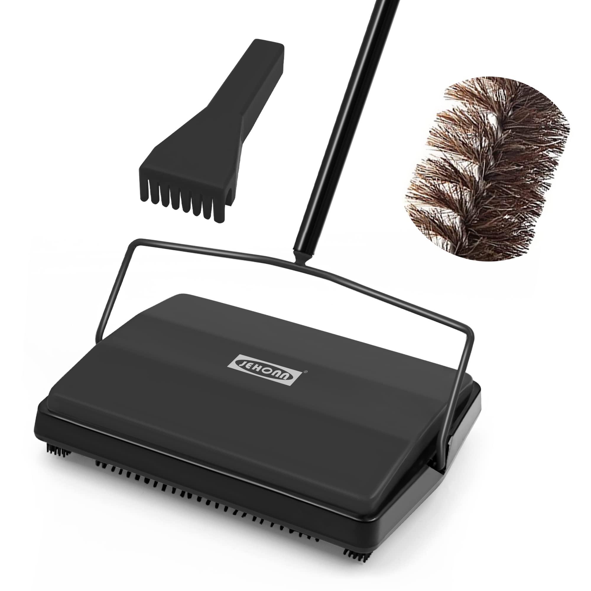 JEHONN carpet sweeper with dual horsehair brushes lifting pet hair on rugs