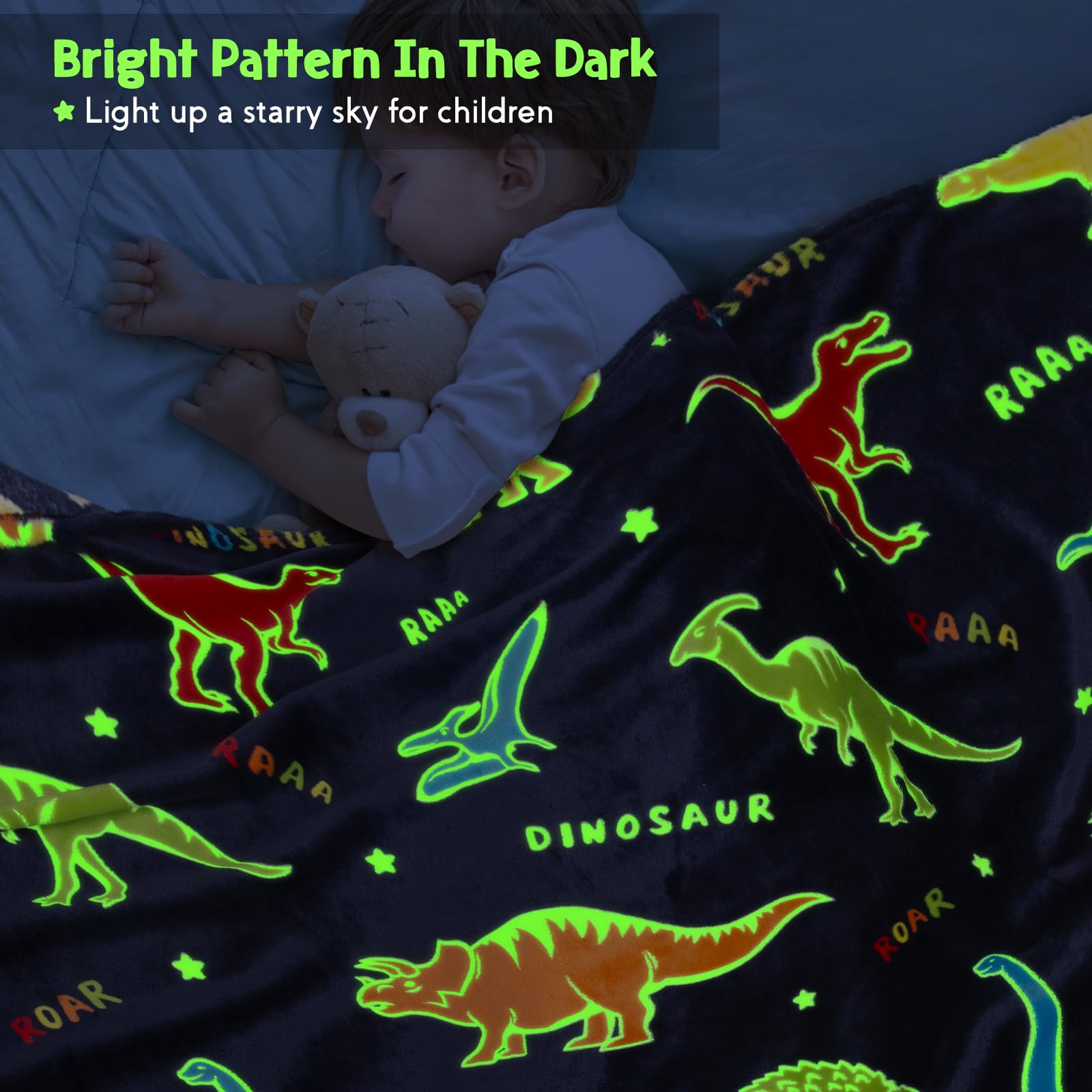 Jekeno dinosaur glow blanket bedtime-scene, ideal for sleepovers and storytelling