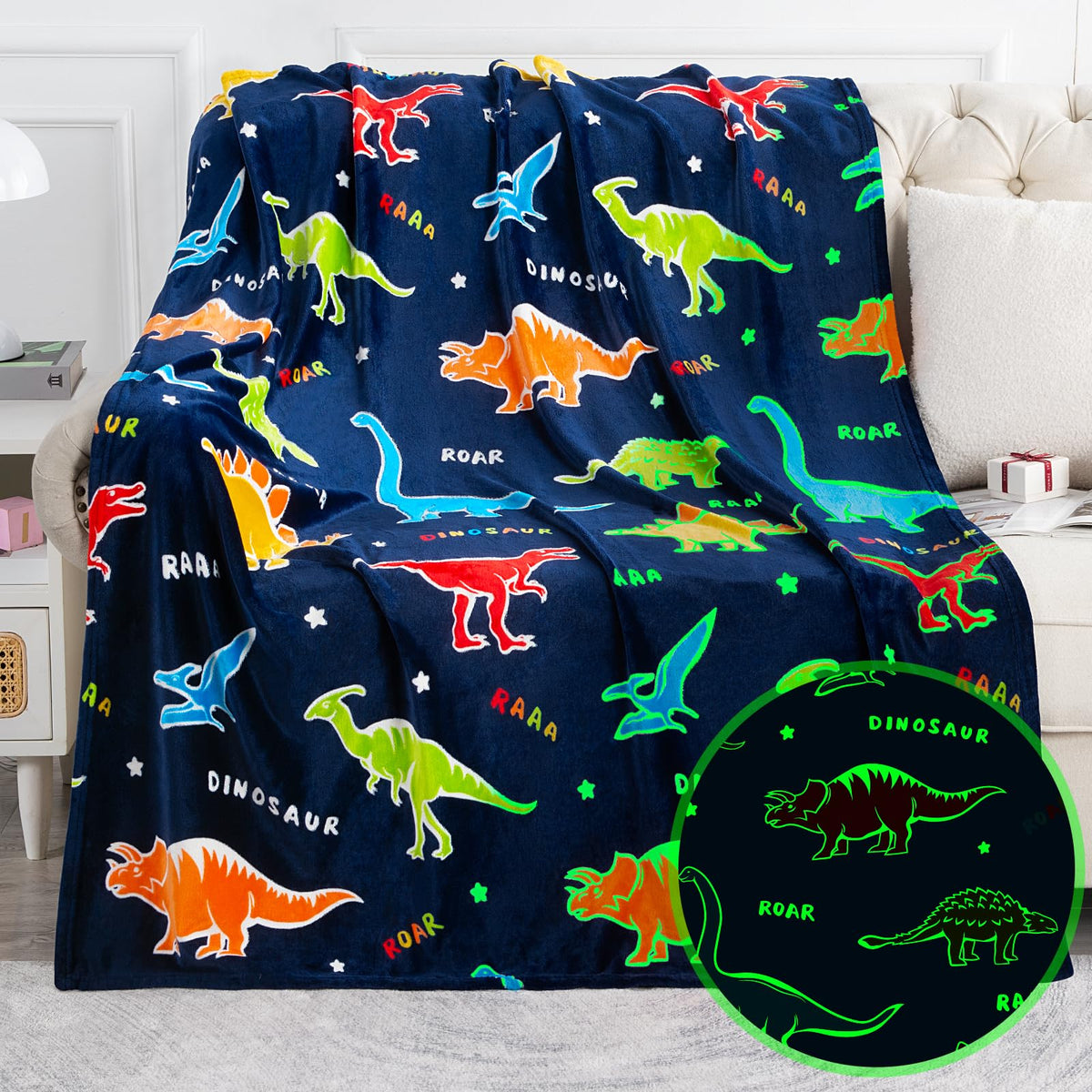 Jekeno dinosaur glow blanket front view, cozy bedtime warmth for kids