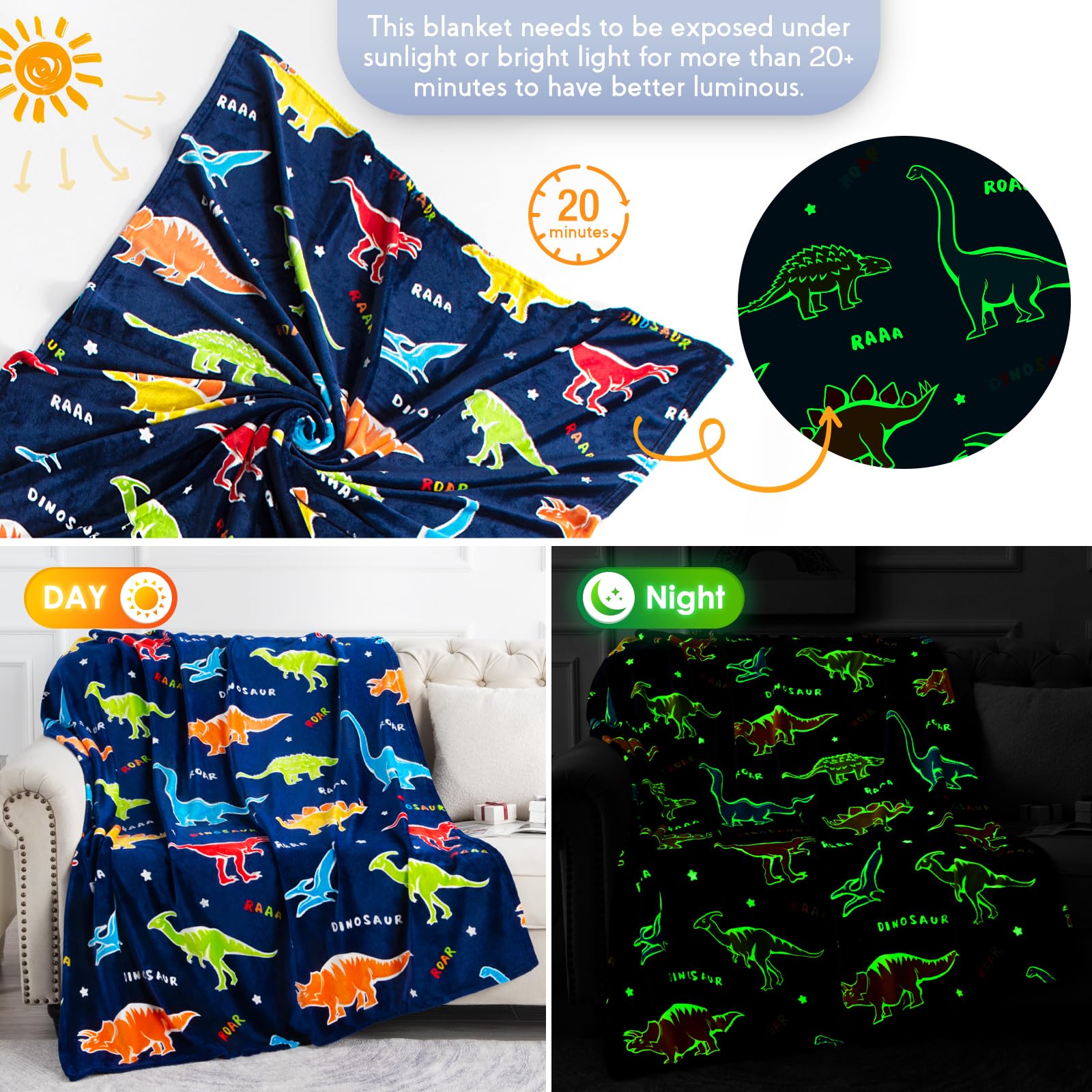 Jekeno dinosaur glow blanket soft-fiber close-up, skin-friendly comfort for children