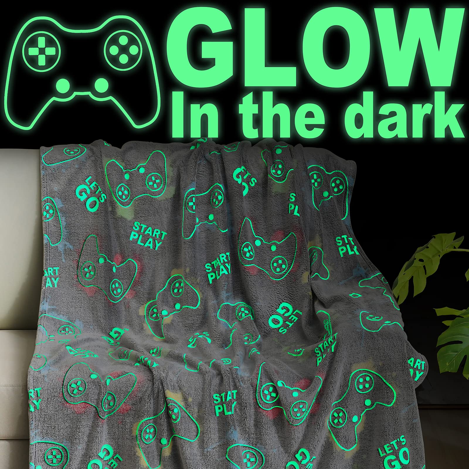 Jekeno Glow in The Dark Gaming Blanket with game controller glow, ideal for cozy nights.