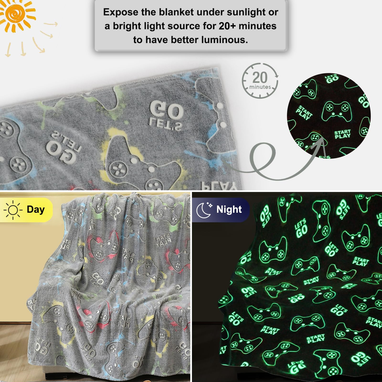 Jekeno glow-in-the-dark gaming blanket showing soft plush texture for sensitive skin comfort.