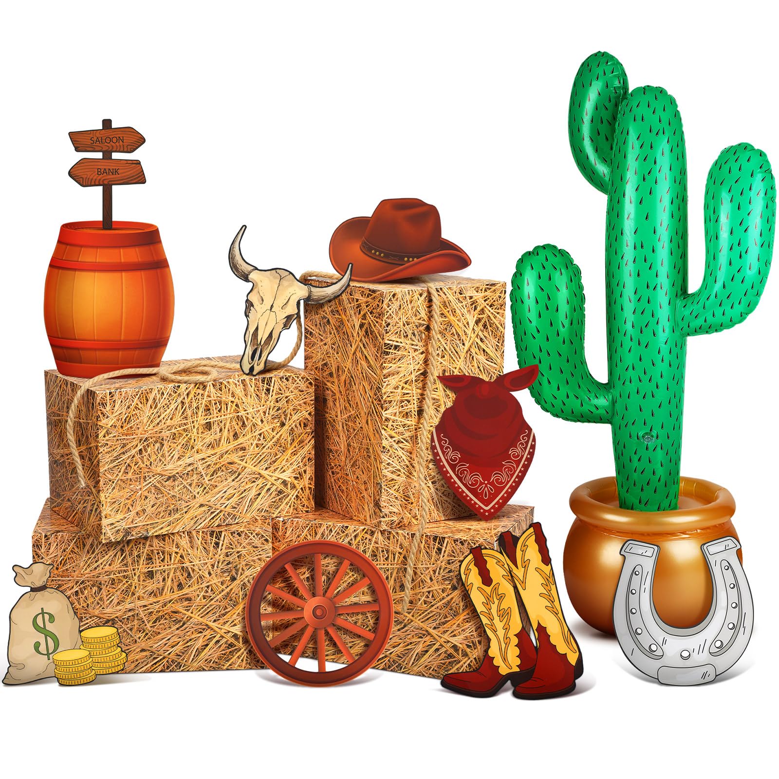 JellyArch hay bales straw boxes for rustic Western party table accents