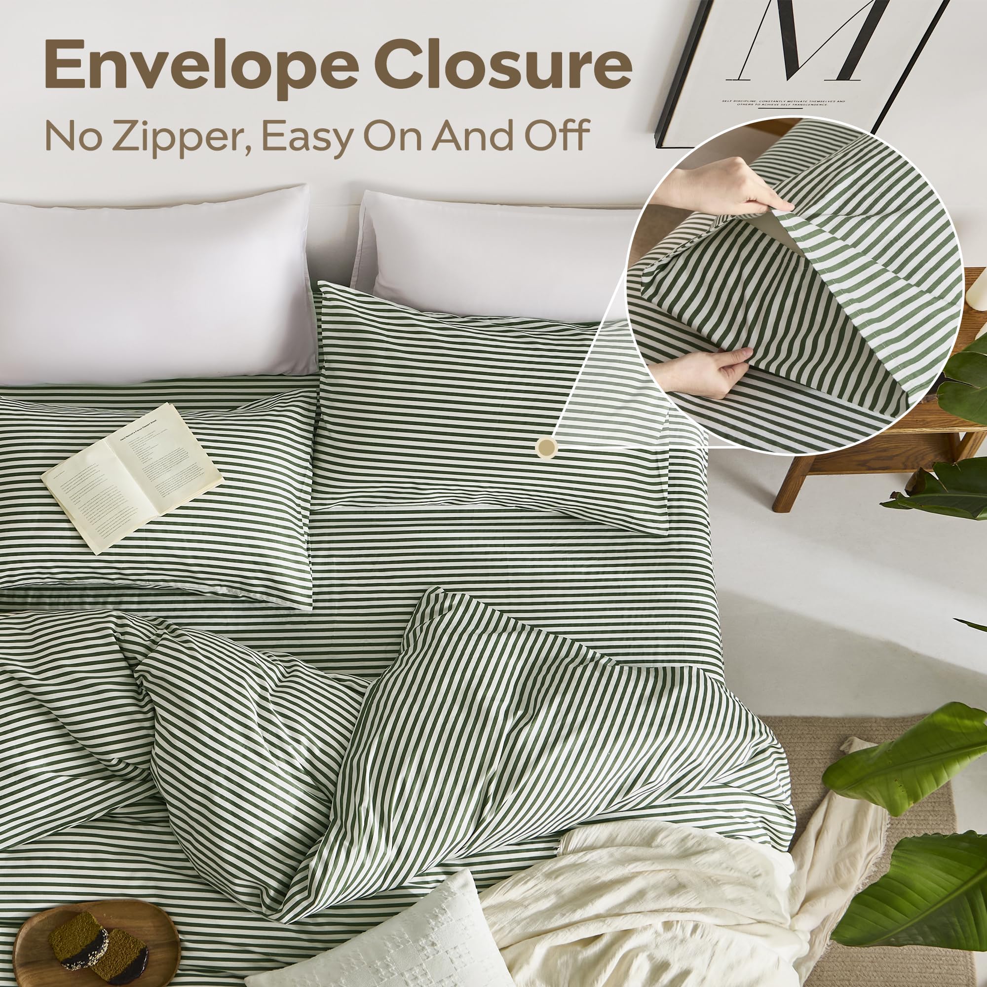 JellyMoni bedroom setup with striped duvet on a queen bed