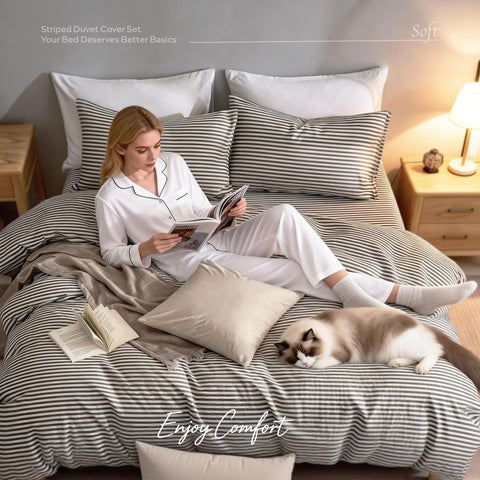 JELLYMONI pillowcases complete the striped bedding look on a coordinated bed setup