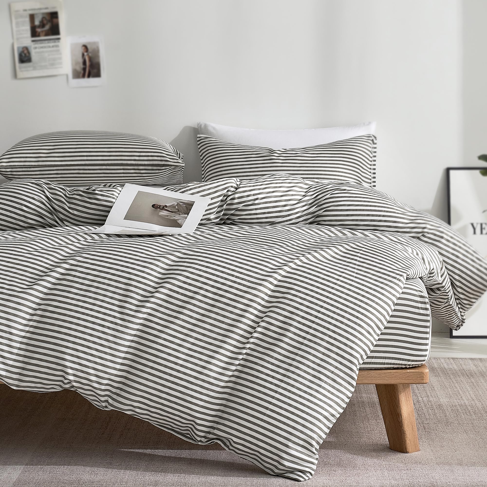 JELLYMONI striped duvet cover on a white bed, highlighting breathable cotton comfort
