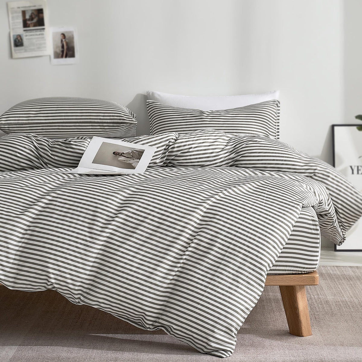 JELLYMONI striped duvet cover on a white bed, highlighting breathable cotton comfort