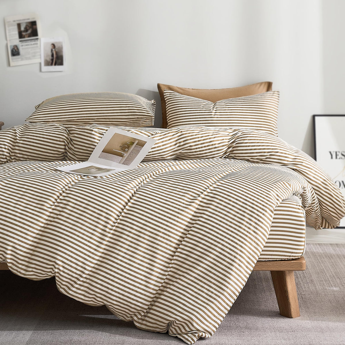 JELLYMONI striped white duvet cover with khaki stripes, breathable cotton for night comfort