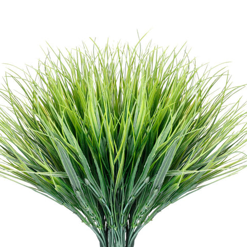 JEMONG 12 bundles artificial grasses outdoors, UV-resistant and fade-free for year-round greenery.