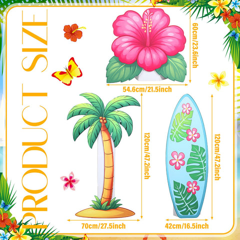 Jenaai Luau tropical surfboard and coconut tree create a vibrant backdrop