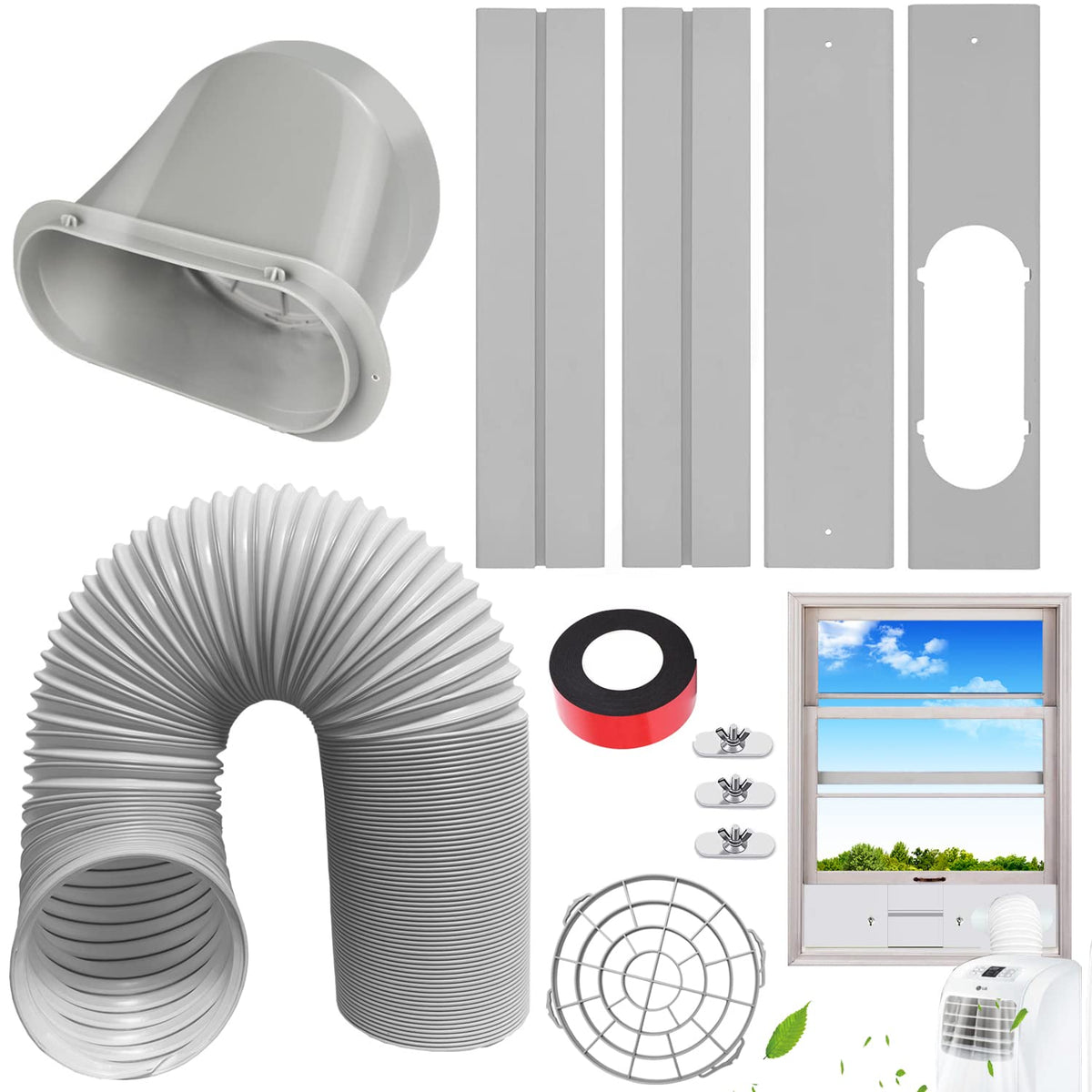 JENCEAILL portable AC vent kit assembly showing universal fit for many windows
