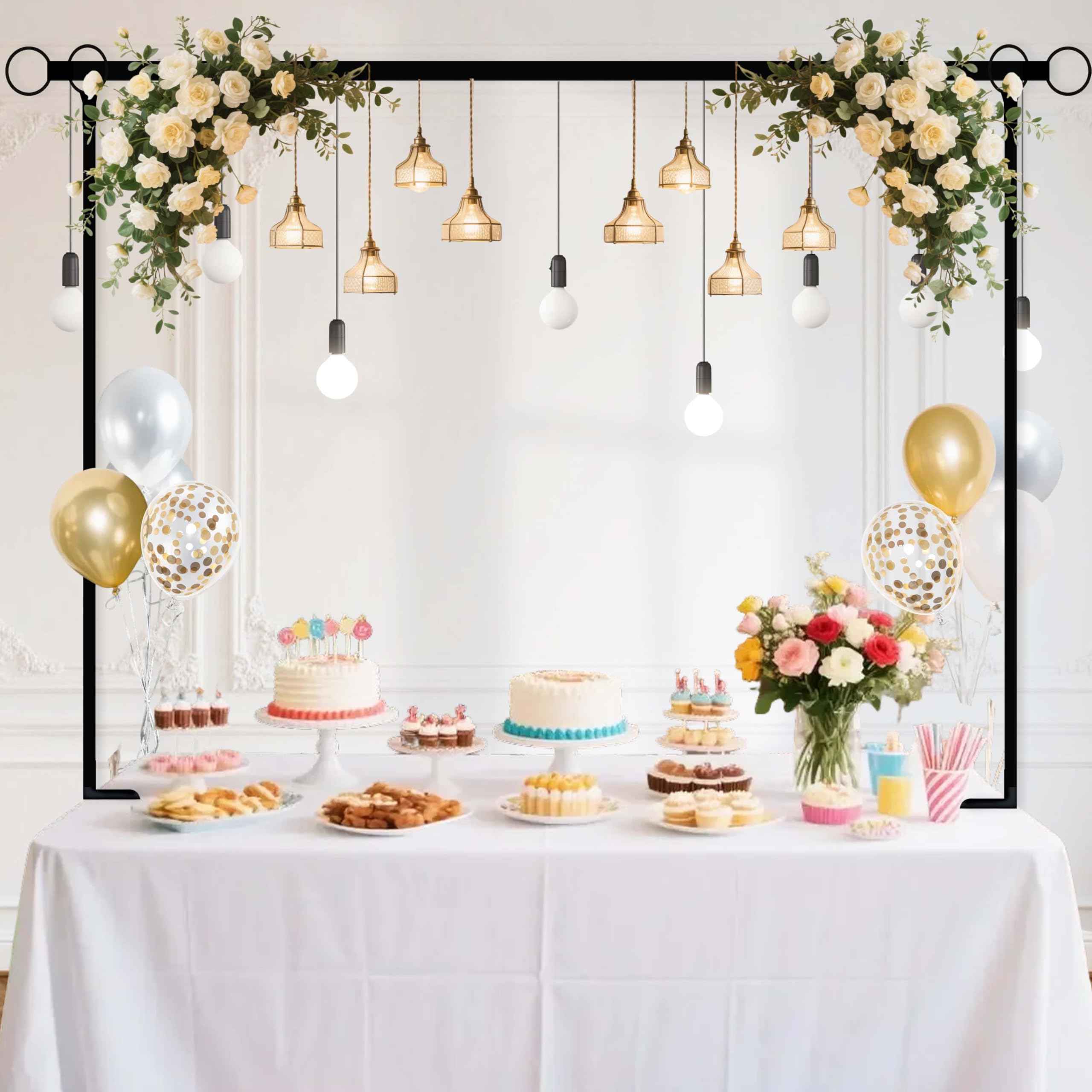 Jenlion decor ideas with banner and fairy lights on the stand.