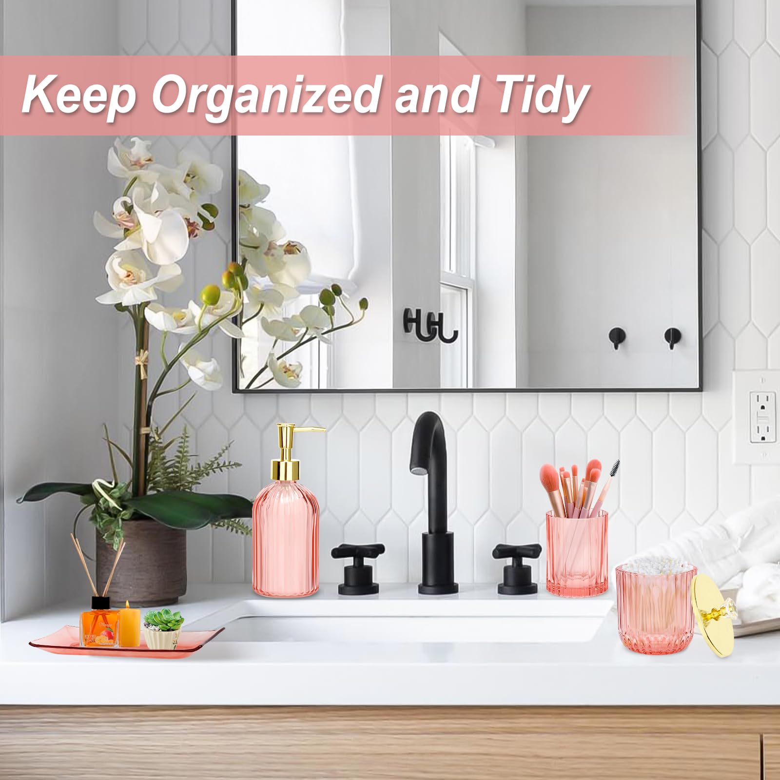 Jenseits pink bathroom decor balances function and feminine style.