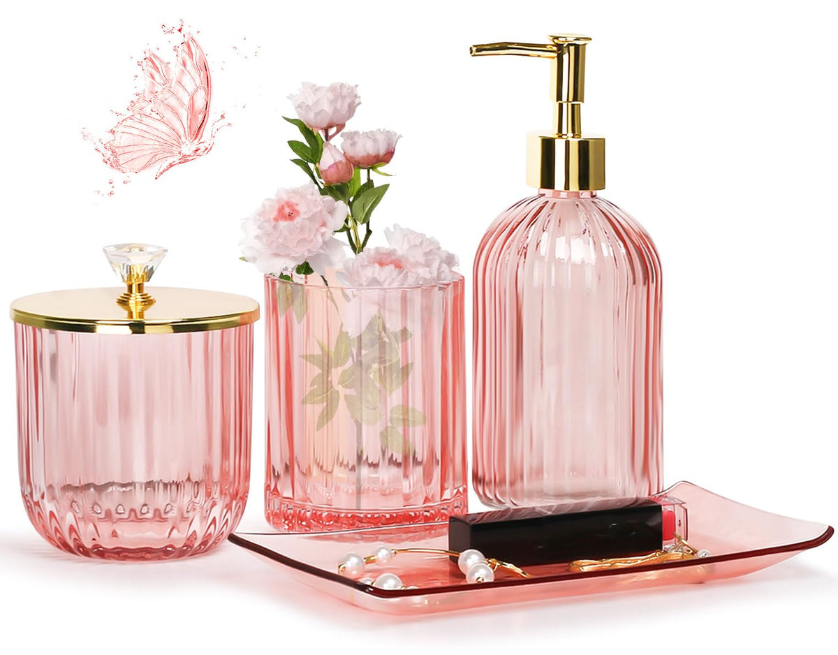 Jenseits pink glass soap dispenser for elegant bathroom organization and easy handwashing.