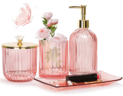 Jenseits pink glass soap dispenser for elegant bathroom organization and easy handwashing.